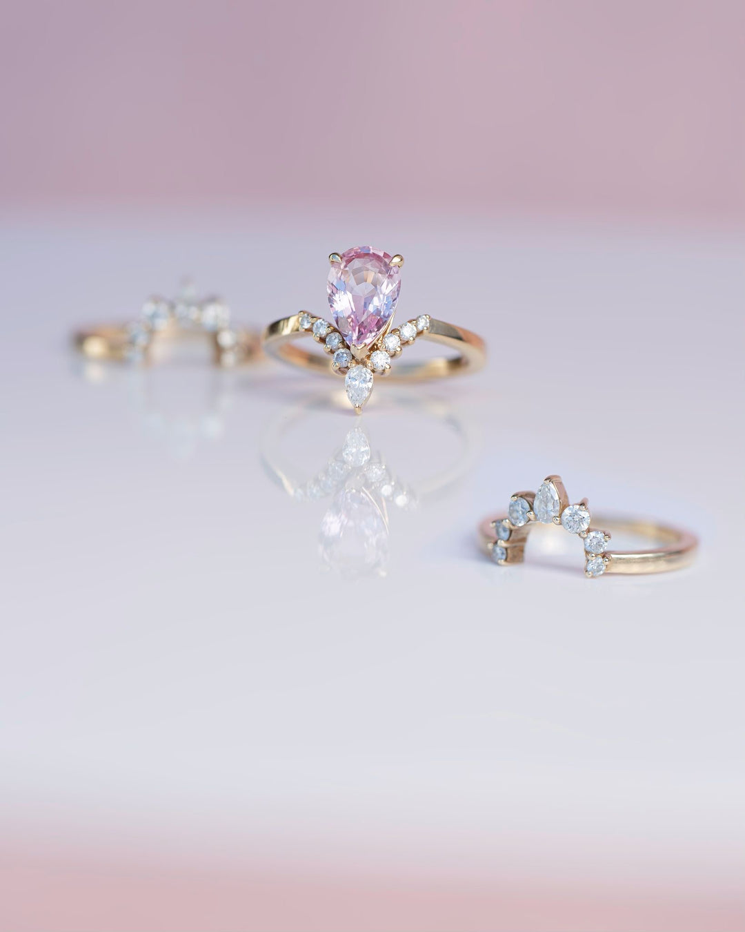 Pear Shape Pink Sapphire and Diamond Engagement Ring Set 14K Gold