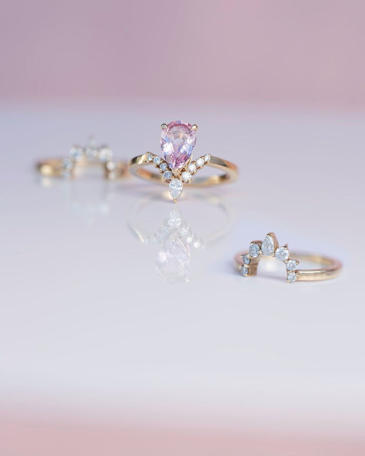Pear Shape Pink Sapphire and Diamond Engagement Ring Set 14K Gold