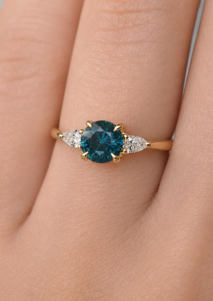 Three Stone Engagement Ring with Round Cut Teal Sapphire & Pear Cut Diamonds in 14K Gold