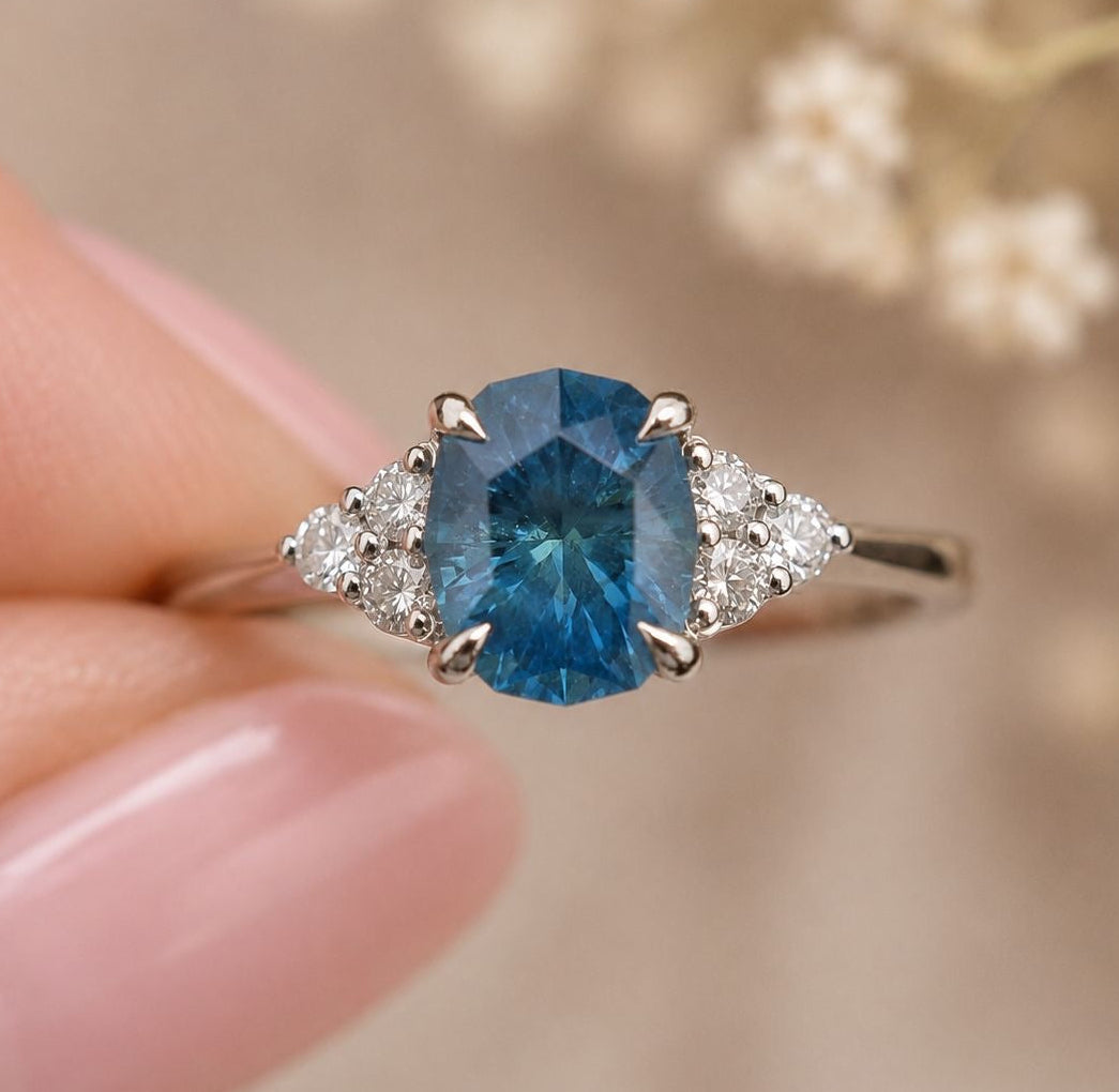 Aqua Blue Montana Sapphire Engagement Ring with Diamonds in 14K Gold - Oval Montana Sapphire Ring - Alternative Engagement Ring