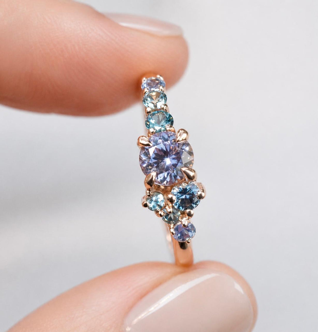 Frida Montana Sapphire Cluster Engagement Ring with Round Cut Violet Montana Sapphire in 14K Gold