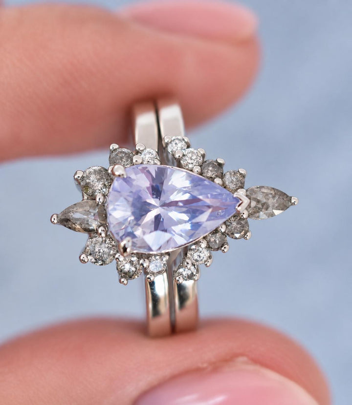 Pear Cut Pastel Blue Sapphire Engagement Ring Set with Salt and Pepper Diamond Wedding Band in 14K Gold