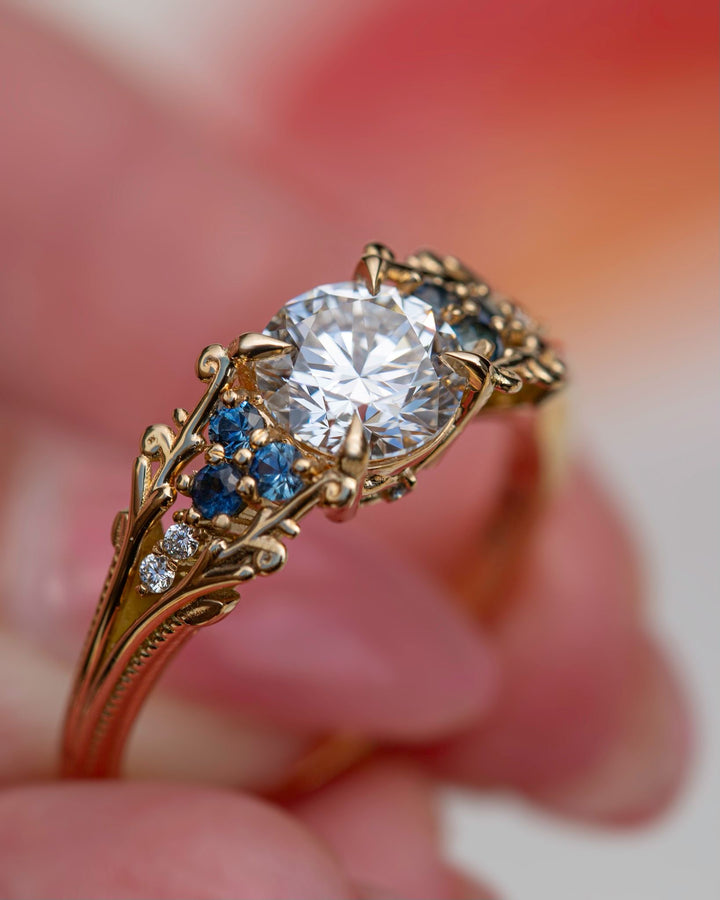 Mira Nature Inspired Diamond Engagement Ring w/ Teal Sapphires 14K Gold