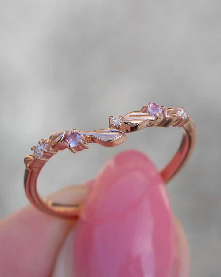 Nature Inspired Leaf Wedding Band w/ Pink Sapphires and Diamonds 14K Gold