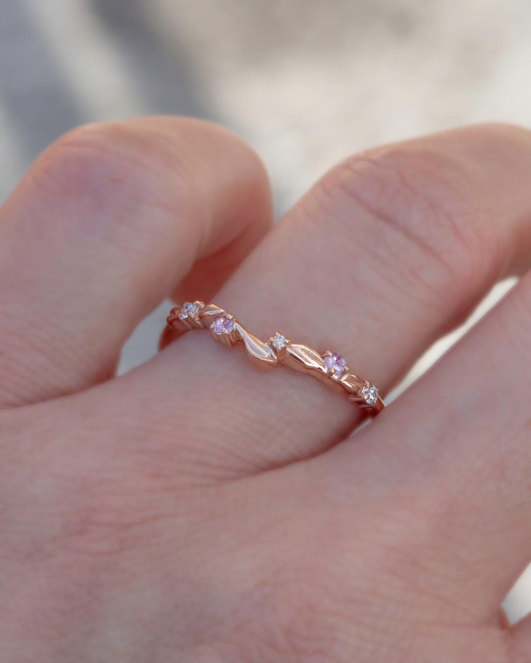 Nature Inspired Leaf Wedding Band w/ Pink Sapphires and Diamonds 14K Gold