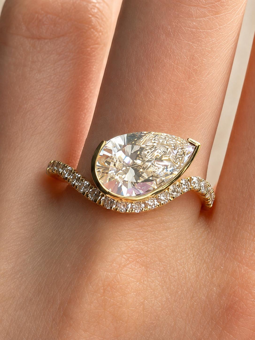 Pear Cut Lab Grown Diamond Engagement Ring in 14K Gold Half Bezel Diamond Ring with Diamond Accents
