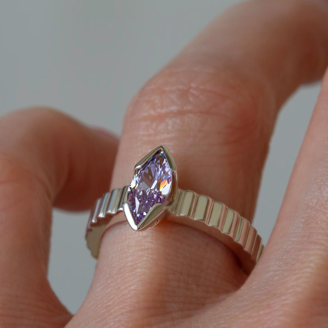 Lab Grown Lilac Marquise Sapphire Solitaire Engagement Ring – Vintage Inspired 14K Gold Ring