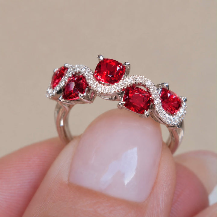 Red Spinel and Diamond Cushion Cut Ring in 14K Gold Natural Spinel Statement Ring