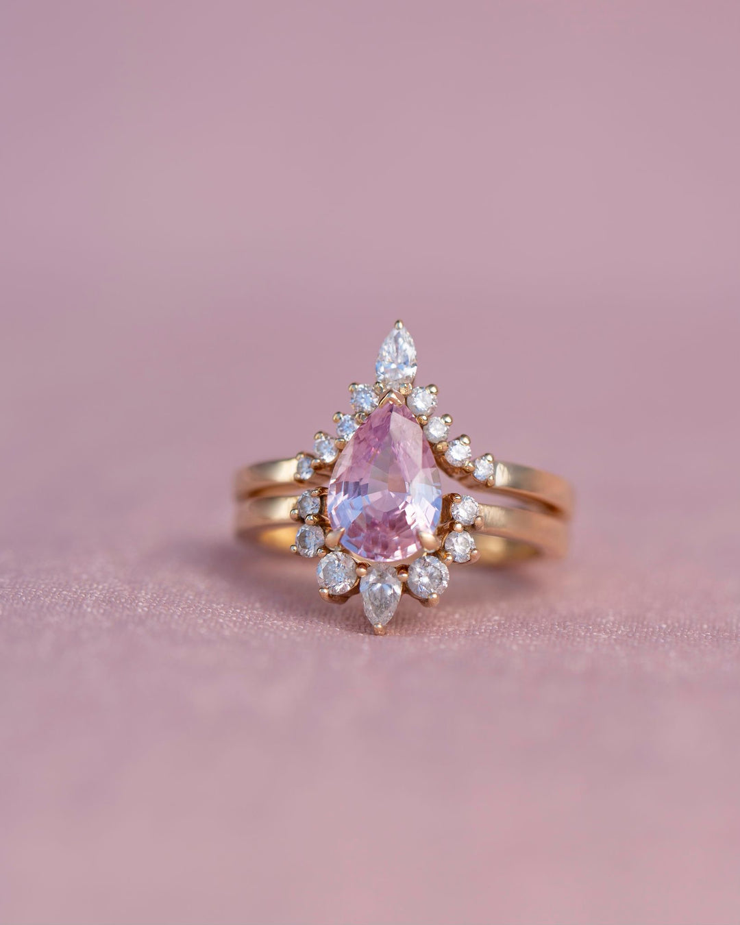 Pear Shape Pink Sapphire and Diamond Engagement Ring Set 14K Gold
