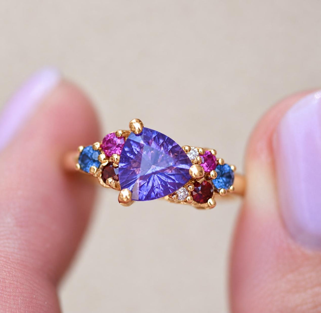 Trillion Cut Purple Sapphire Multi Stone Cluster Engagement Ring in 14K Gold