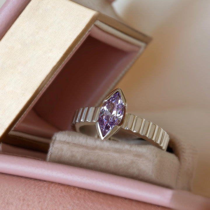 Lab Grown Lilac Marquise Sapphire Solitaire Engagement Ring – Vintage Inspired 14K Gold Ring