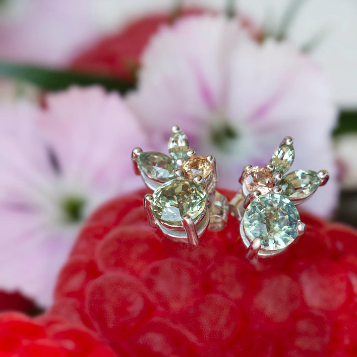Floral Cluster Earrings with Mint Green Sapphire and Padparadscha Accents 14K Gold