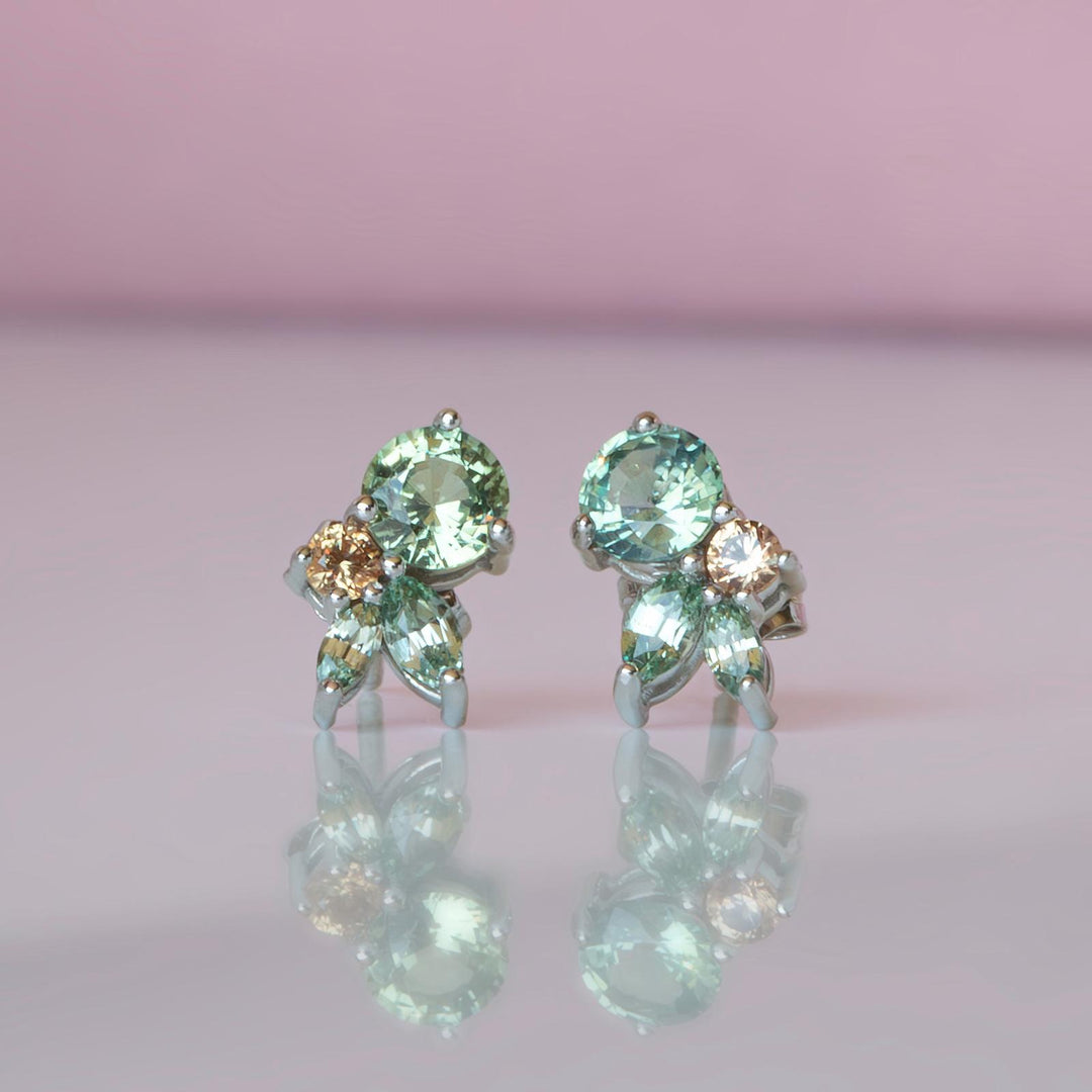 Floral Cluster Earrings with Mint Green Sapphire and Padparadscha Accents 14K Gold