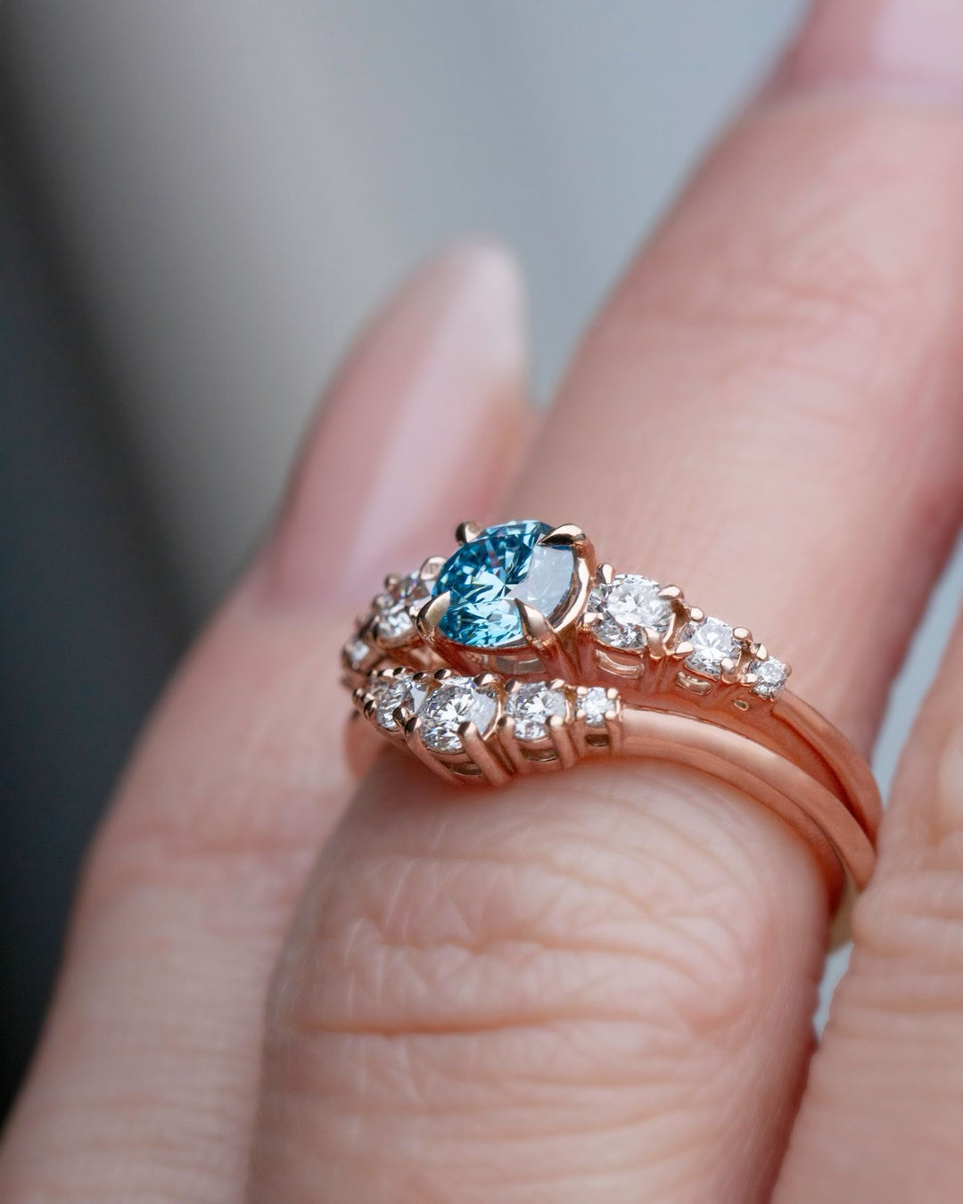 Natural Blue Diamond Engagement Ring Set 14K Gold