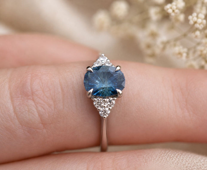 Aqua Blue Montana Sapphire Engagement Ring with Diamonds in 14K Gold - Oval Montana Sapphire Ring - Alternative Engagement Ring