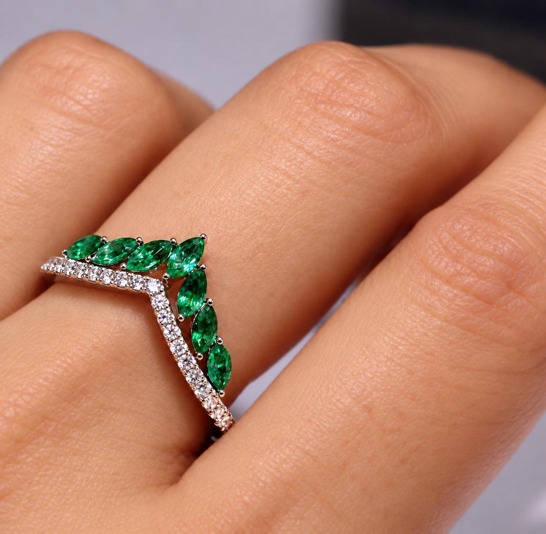 Natural Emerald and Diamond Contour Wedding Band in 18K Gold Marquise Emerald Curved Wedding Ring