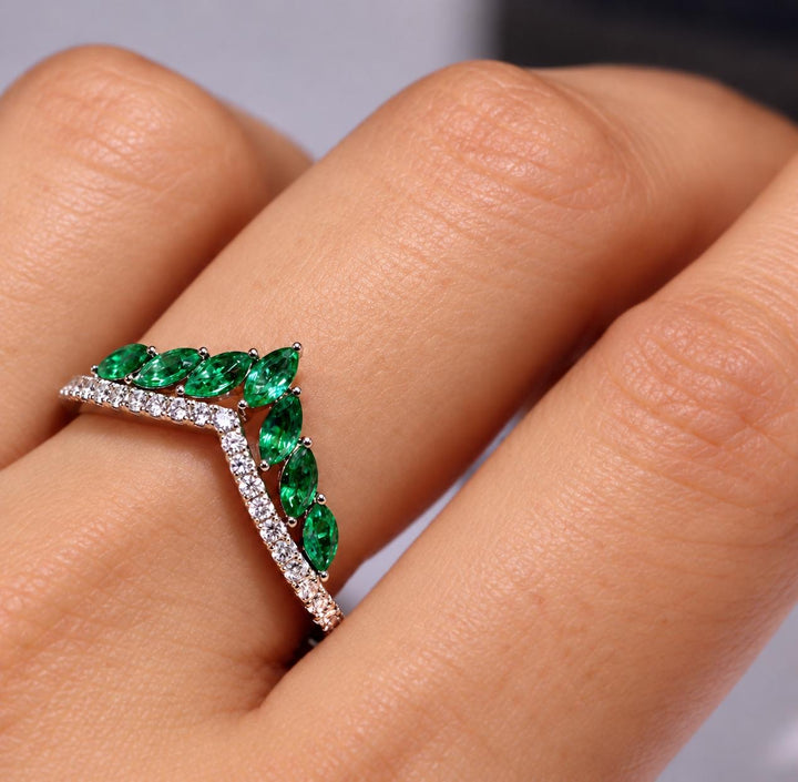 Natural Emerald and Diamond Contour Wedding Band in 18K Gold Marquise Emerald Curved Wedding Ring