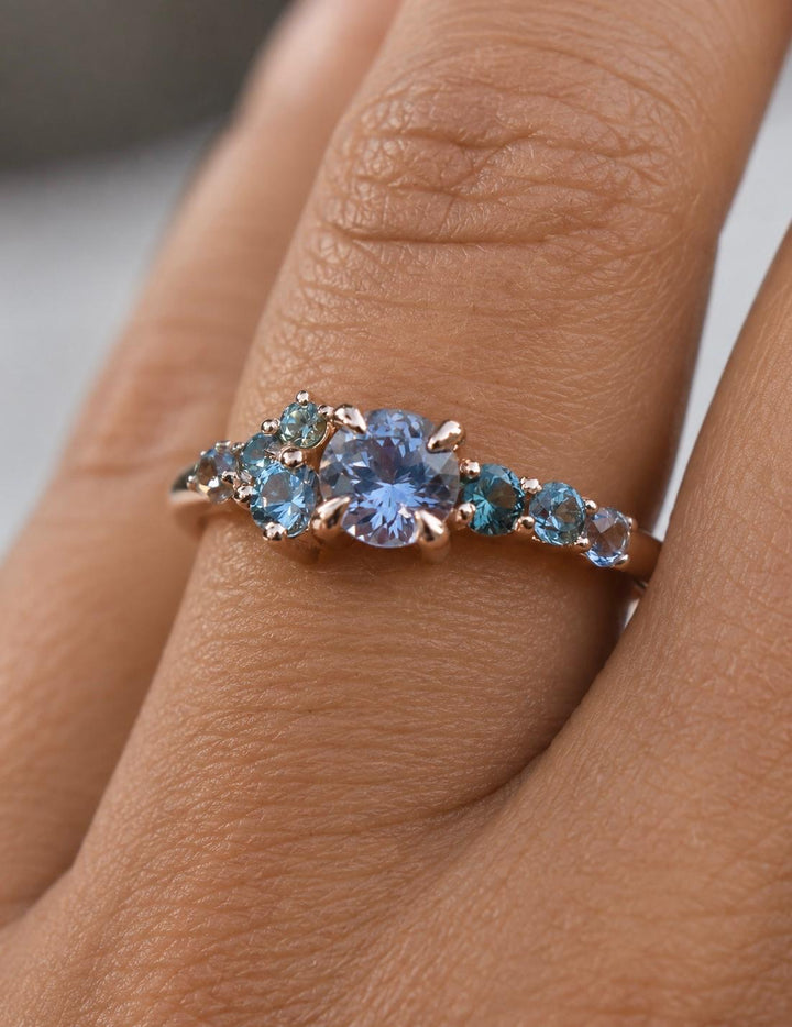 Frida Montana Sapphire Cluster Engagement Ring with Round Cut Violet Montana Sapphire in 14K Gold