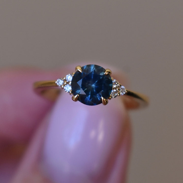 Teal Blue Green Montana Sapphire Solitaire Ring w/ Diamonds Accents 14K Gold, Teal Sapphire Engagement Ring