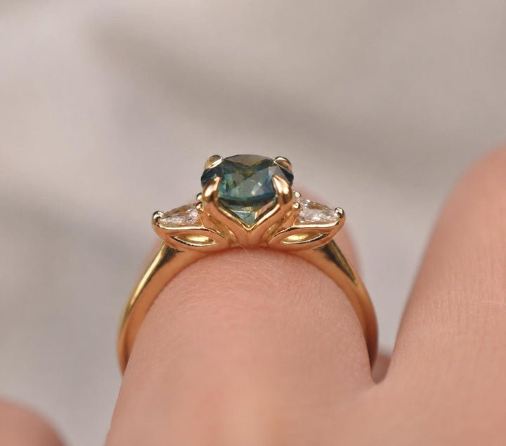 Three Stone Engagement Ring with Round Cut Teal Sapphire & Pear Cut Diamonds in 14K Gold