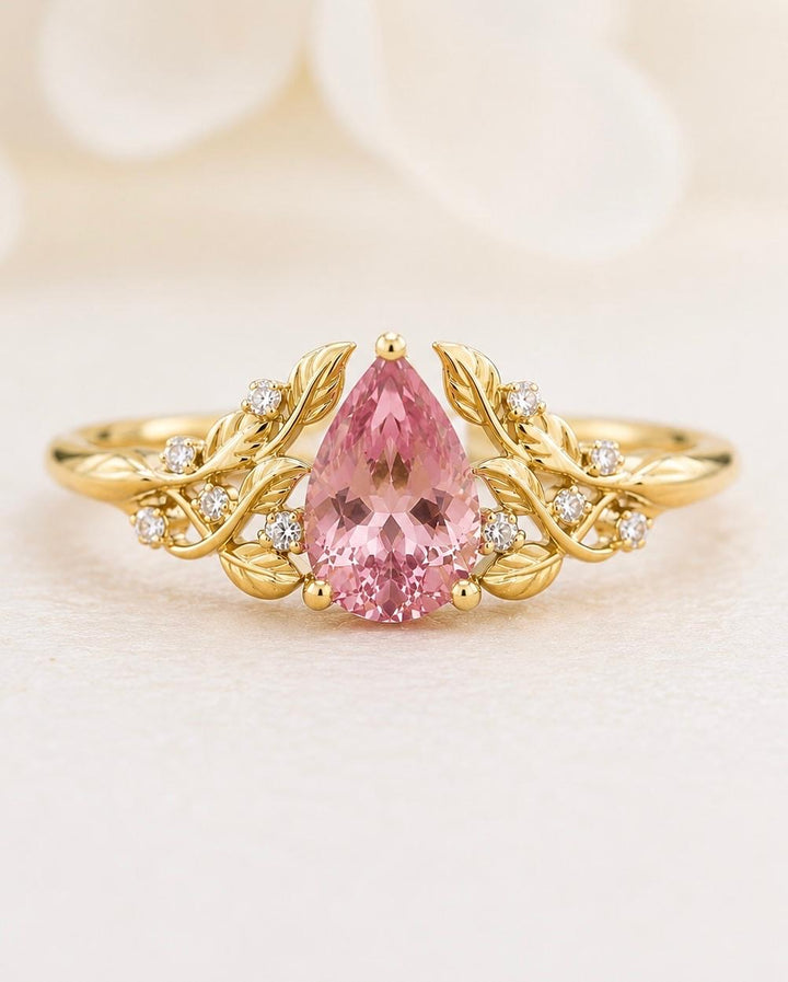Nature Inspired Leaf Ring with Pear Cut Pink Sapphire and Diamonds in 14K Gold  Floral Sapphire Engagement Ring
