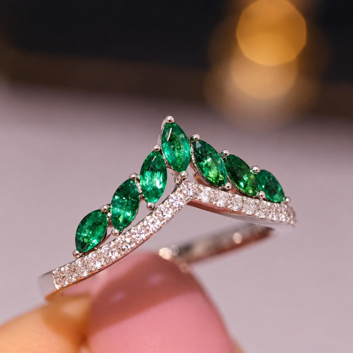 Natural Emerald and Diamond Contour Wedding Band in 18K Gold Marquise Emerald Curved Wedding Ring