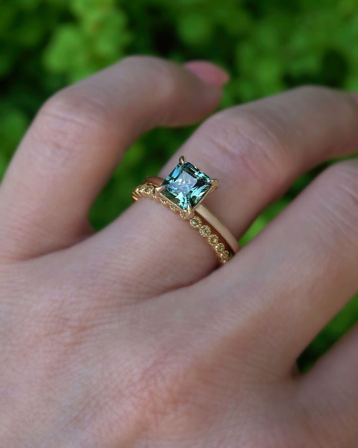 Amara Engagement Ring Set w/Green Emerald Cut Sapphire and Yellow Sapphire Milgrain Wedding Band 14K Gold