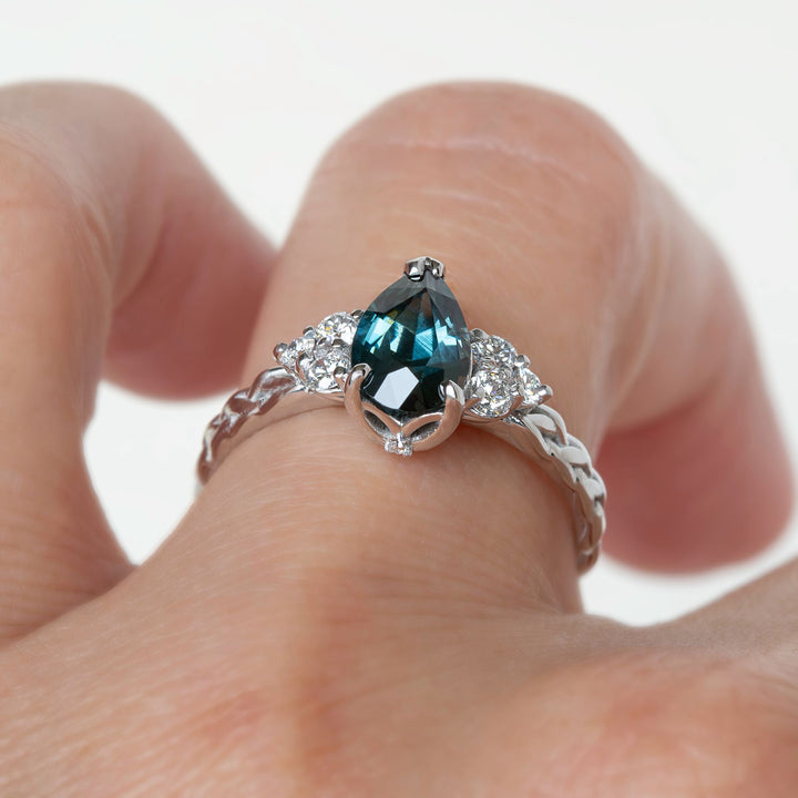 Teal Pear Sapphire and Diamond Engagement Ring with Celtic Knot Band 14K Gold