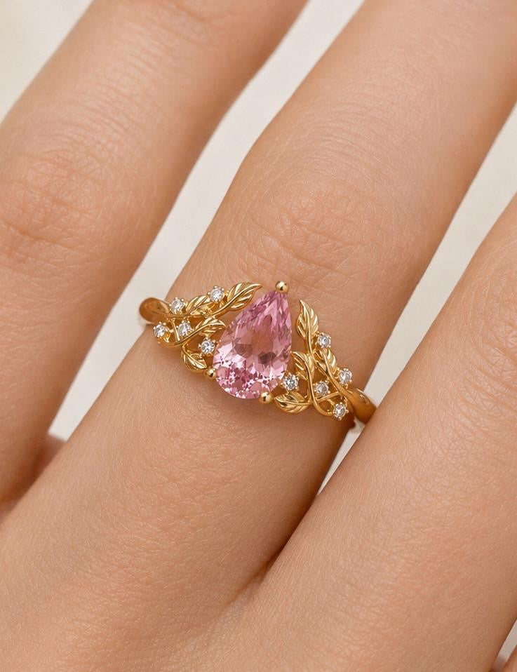 Nature Inspired Leaf Ring with Pear Cut Pink Sapphire and Diamonds in 14K Gold  Floral Sapphire Engagement Ring