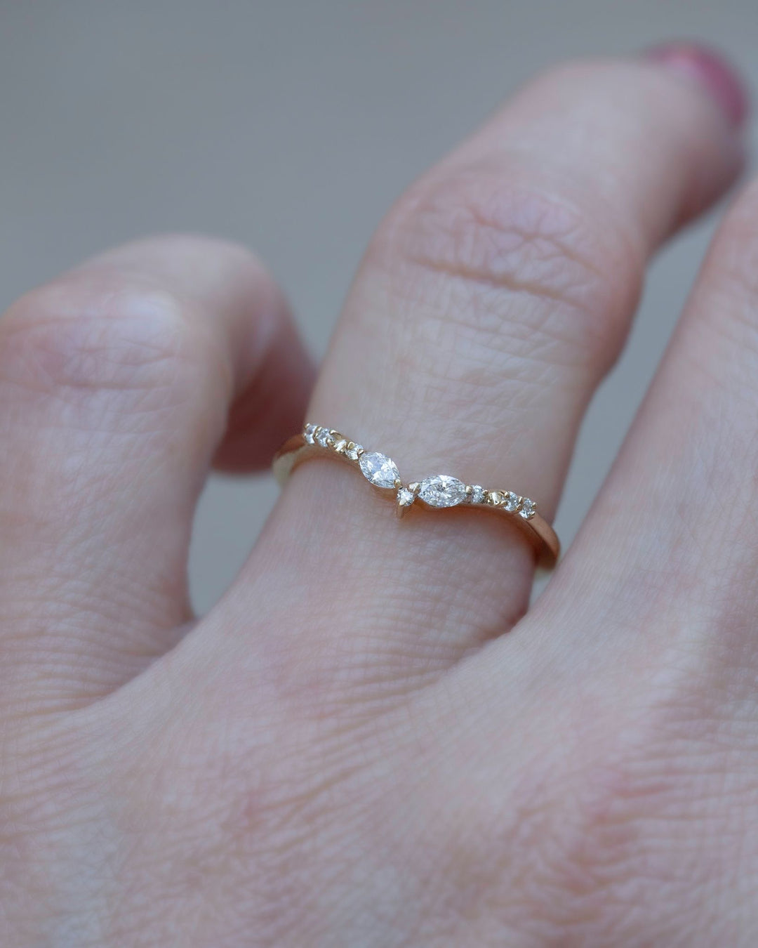 Matching Contour Wedding Band w/ Natural Marquise and Round Diamonds 14K Gold