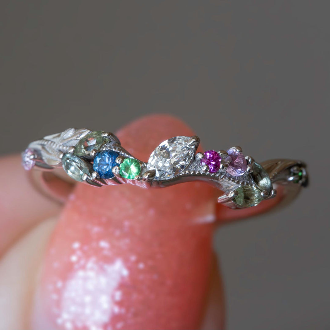 Whimsical Nature-Inspired Floral Wedding Band 14K Gold