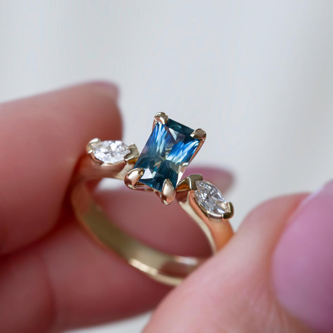 Three Stone Montana Sapphire Engagement Ring – Teal Sapphire and Diamond Ring in 14K Gold