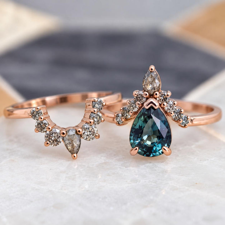 Pear Cut Blue Green Sapphire Engagement Ring Set with Salt and Pepper Diamond Wedding Band in 14K Gold