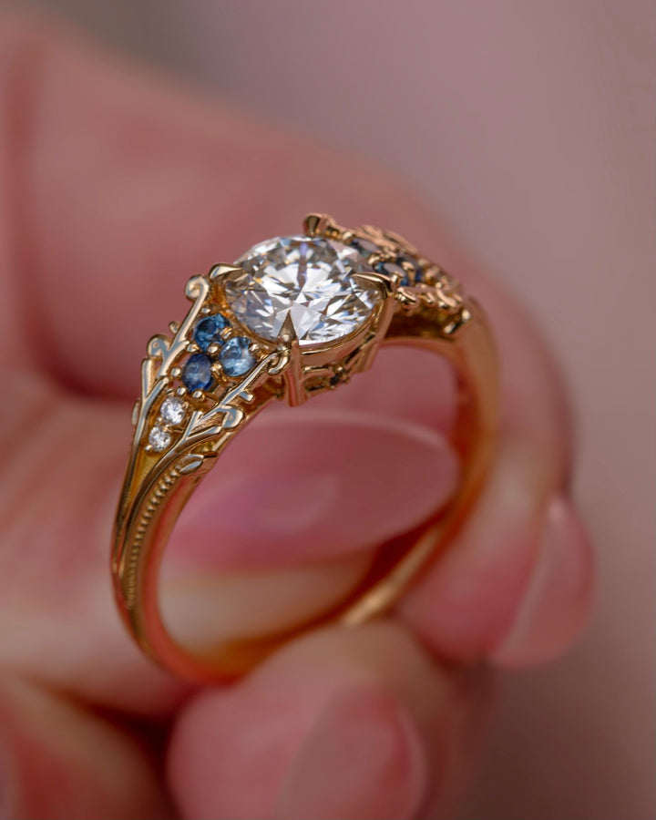 Mira Nature Inspired Diamond Engagement Ring w/ Teal Sapphires 14K Gold