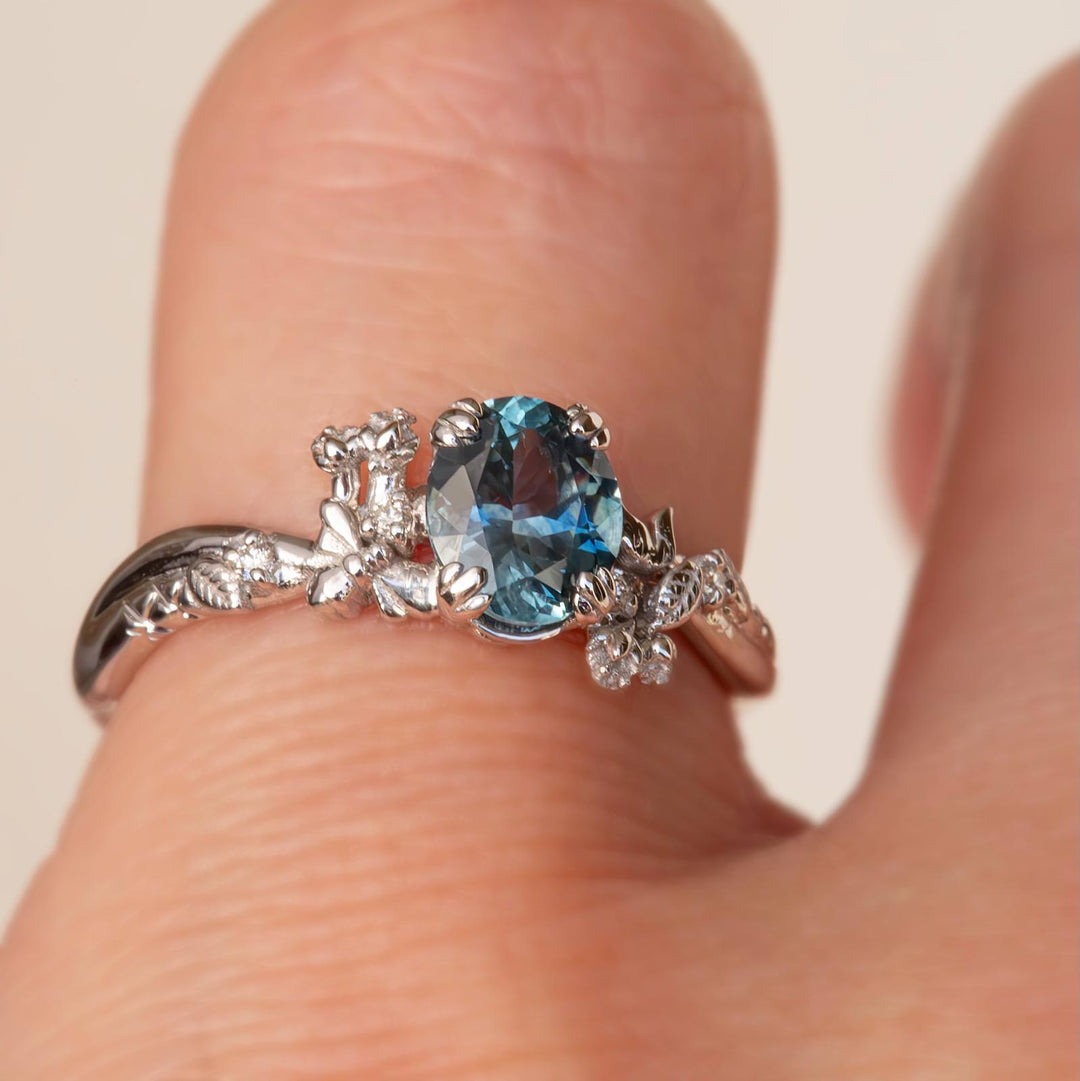 Nature Inspired Bee Fox and Dinosaur Engagement Ring w/ Oval Montana Sapphire 14K Gold