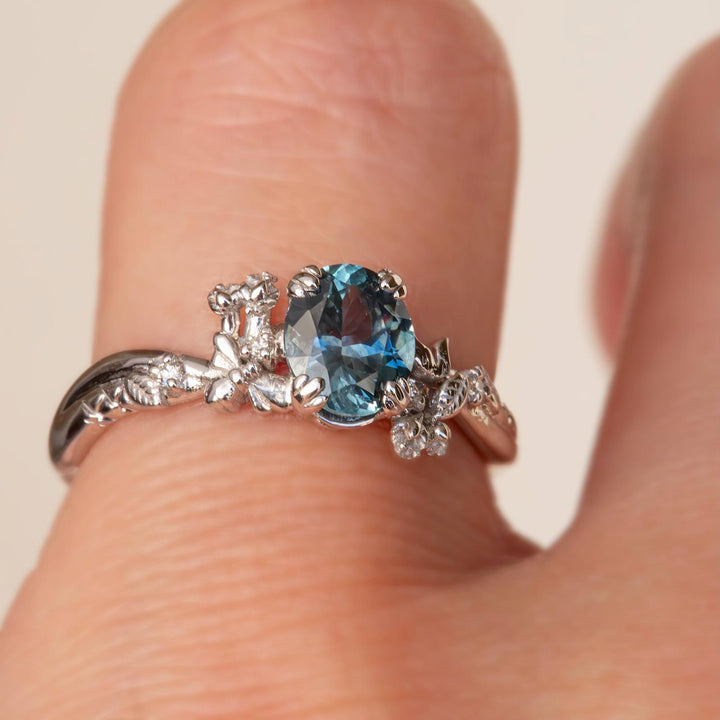 Nature Inspired Bee Fox and Dinosaur Engagement Ring w/ Oval Montana Sapphire 14K Gold