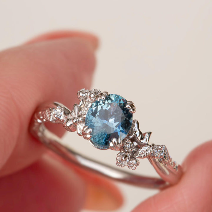 Nature Inspired Bee Fox and Dinosaur Engagement Ring w/ Oval Montana Sapphire 14K Gold