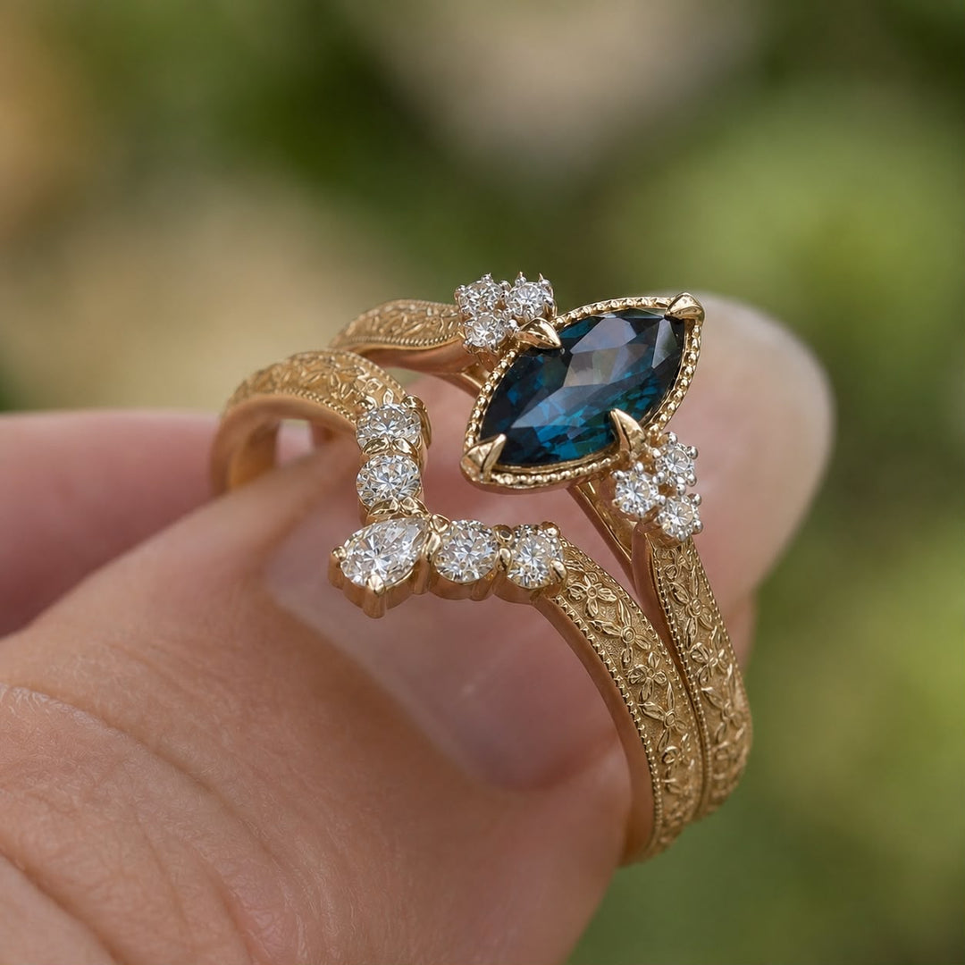 Floral Marquise Teal Sapphire Engagement Ring in 14K Gold  Nature Inspired Sapphire and Diamond Ring