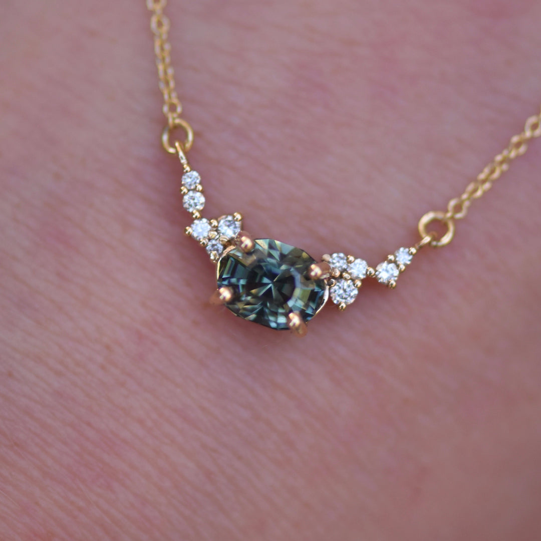 Green Montana Sapphire and Diamond Cluster Necklace 14K Gold