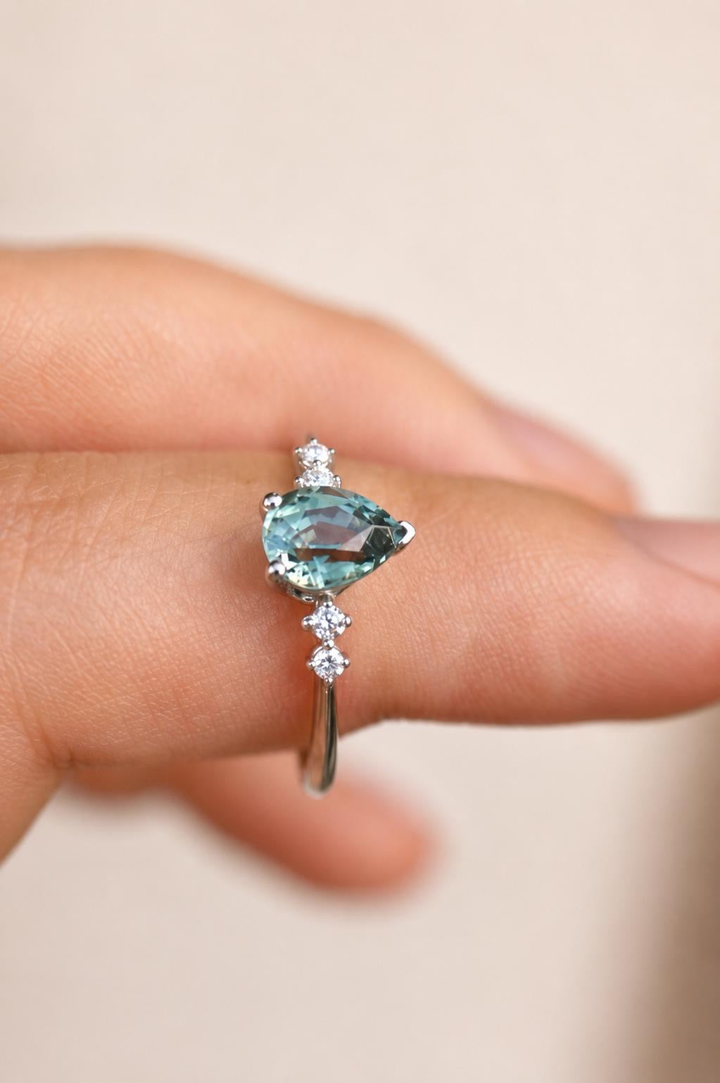 Pear Cut Blue Green Montana Sapphire and Diamond Engagement Ring in 14K Gold