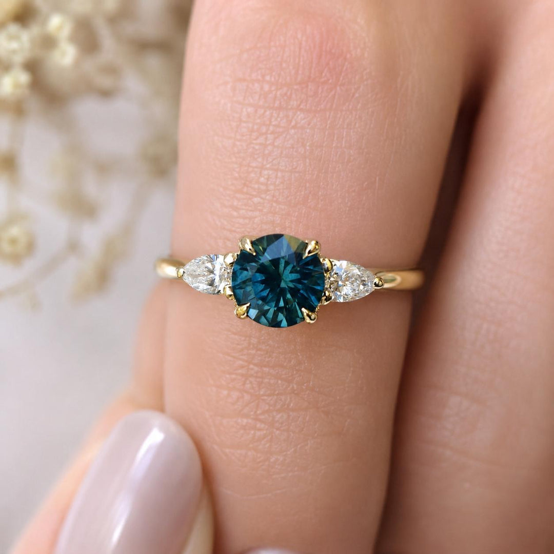 Three Stone Engagement Ring with Round Cut Teal Sapphire & Pear Cut Diamonds in 14K Gold