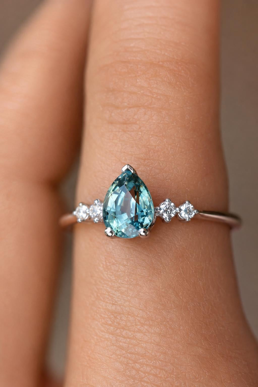 Pear Cut Blue Green Montana Sapphire and Diamond Engagement Ring in 14K Gold