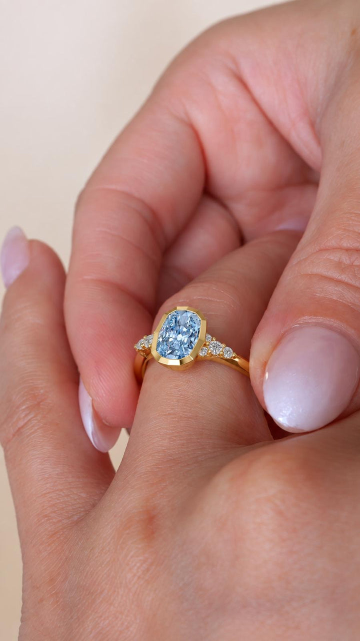 Lab Grown Fancy Vivid Blue Elongated Cushion Diamond Engagement Ring in 14K Gold|Bezel Set Diamond Ring