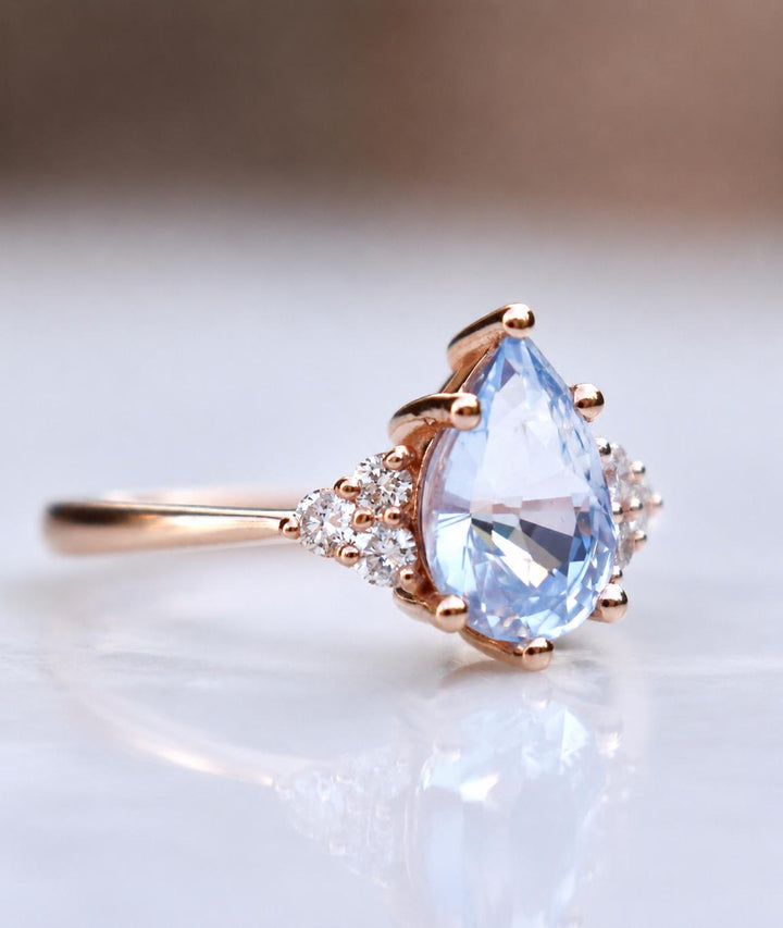 Pastel Blue Pear Cut Sapphire Engagement Ring with Natural Diamonds in 14K Gold