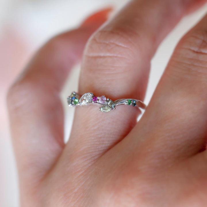 Whimsical Nature-Inspired Floral Wedding Band 14K Gold