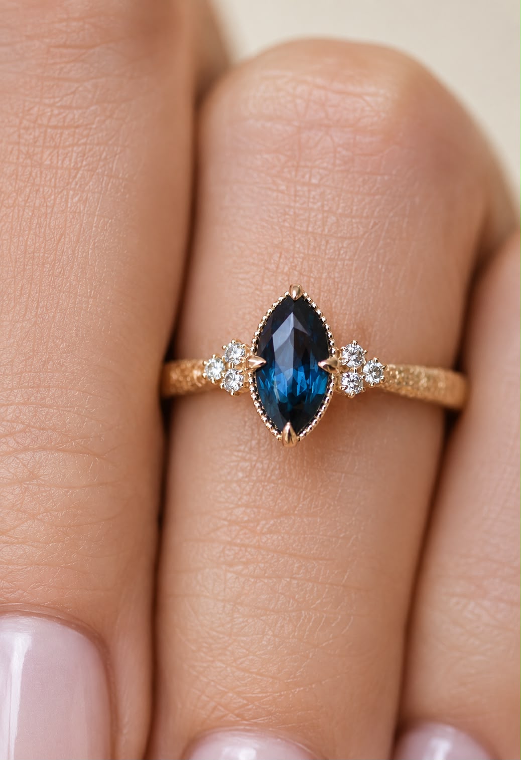 Floral Marquise Teal Sapphire Engagement Ring in 14K Gold  Nature Inspired Sapphire and Diamond Ring