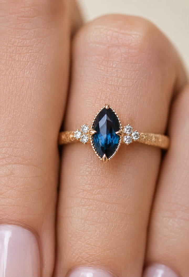 Floral Marquise Teal Sapphire Engagement Ring in 14K Gold  Nature Inspired Sapphire and Diamond Ring