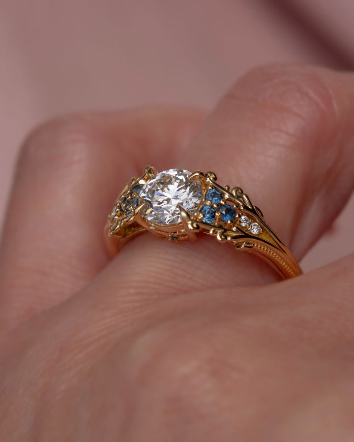 Mira Nature Inspired Diamond Engagement Ring w/ Teal Sapphires 14K Gold