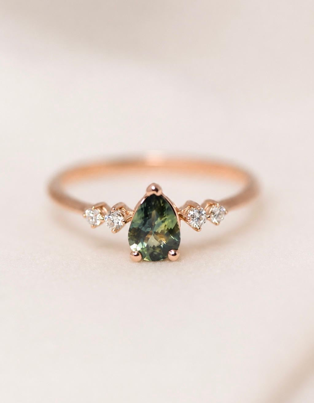 Pear Cut Blue Green Montana Sapphire and Diamond Engagement Ring in 14K Gold