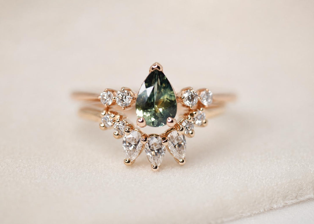 Pear Cut Blue Green Montana Sapphire and Diamond Engagement Ring in 14K Gold